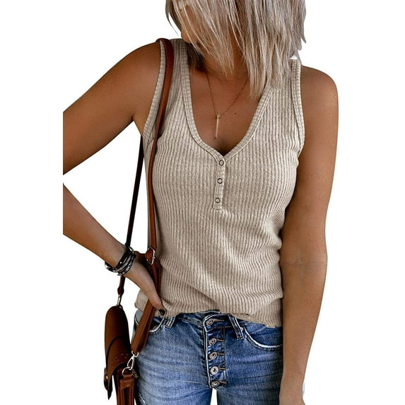Sherrylily Women Casual Tank Top Button Down Ribbed Knit V-Neck Tops