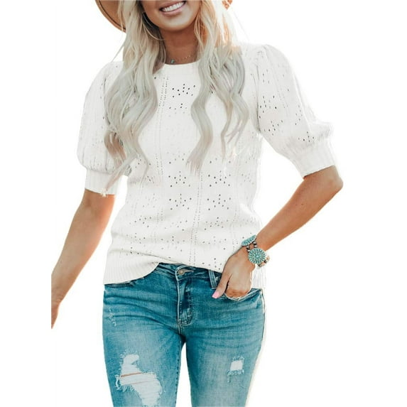 Sherrylily Women Cute Short Puff Sleeve Sweaters Loose Crew Neck Lightweight Pointelle Knit Pullover Shirts Tops