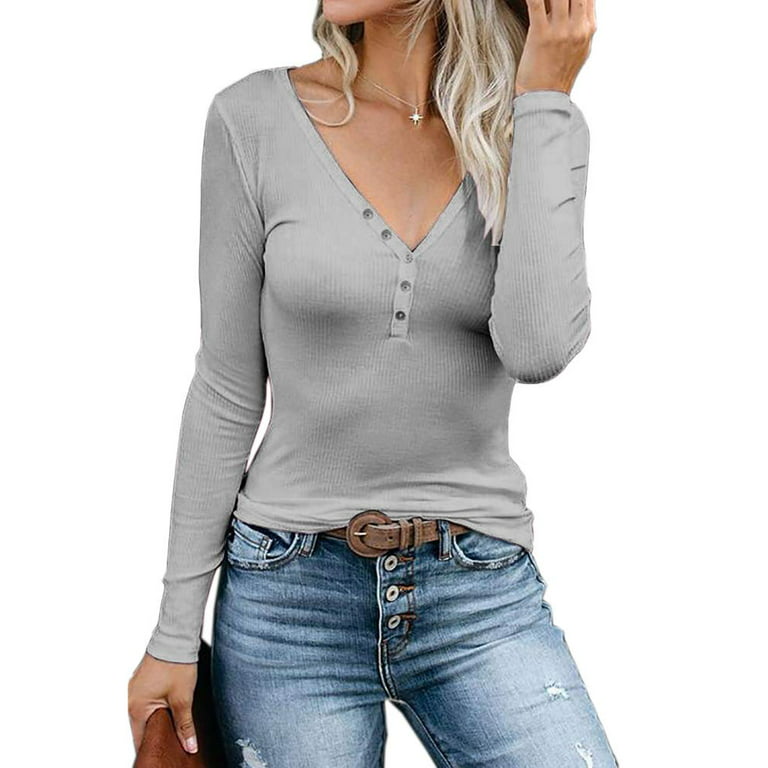 Sherrylily Womens Stripe Button Down V Neck Shirts Long Sleeve Blouse  Casual Work Plain Tops with Pockets 