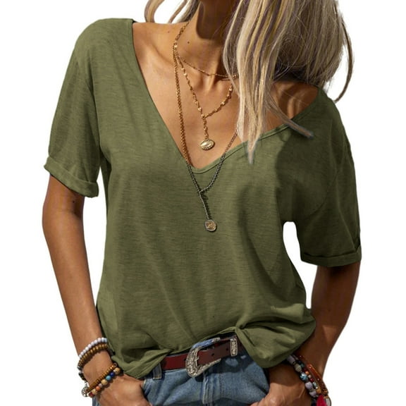 Sherrylily Women Deep V-Neck Short Sleeve Tops Solid Casual Loose Basic T Shirt