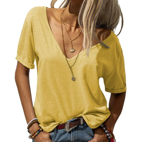 Sherrylily Women Deep V-Neck Short Sleeve Tops Solid Casual Loose Basic T Shirt