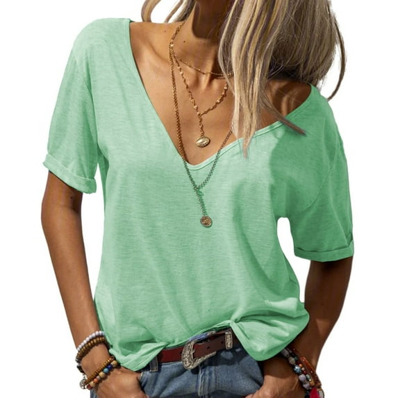 Sherrylily Women Deep V-Neck Short Sleeve Tops Solid Casual Loose Basic T Shirt