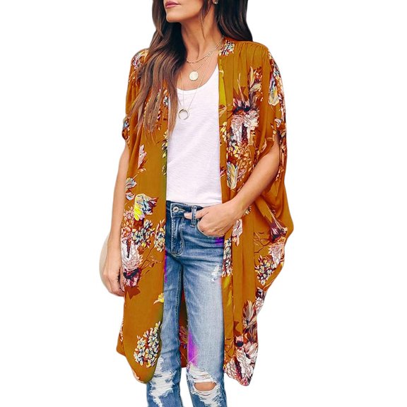 Sherrylily Women Floral Kimono Cardigans Short Sleeve Draped Beach Cover Up Cape
