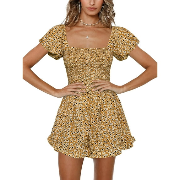 Sherrylily Women Floral Wide Leg Short Rompers Shirred Ruffle Sleeve Jumpsuit