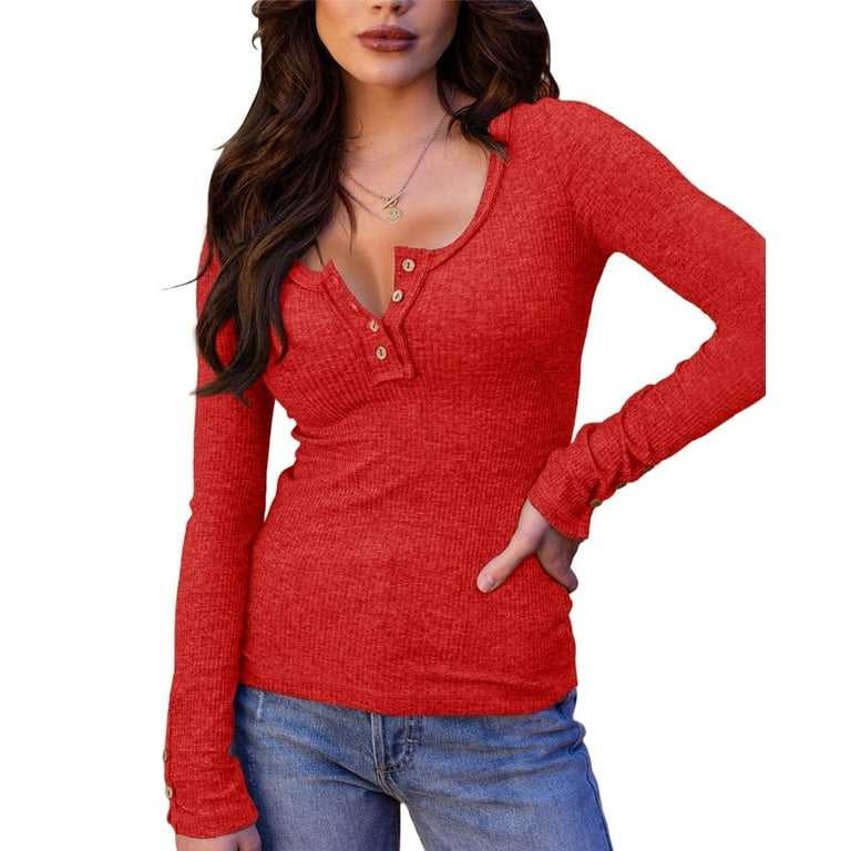 Sherrylily Women Henley Shirts V Neck Long Sleeve Ribbed Button