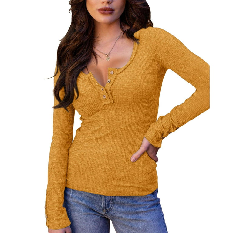 Sherrylily Women Henley Shirts V Neck Long Sleeve Ribbed Button Down Casual  Plain Tops