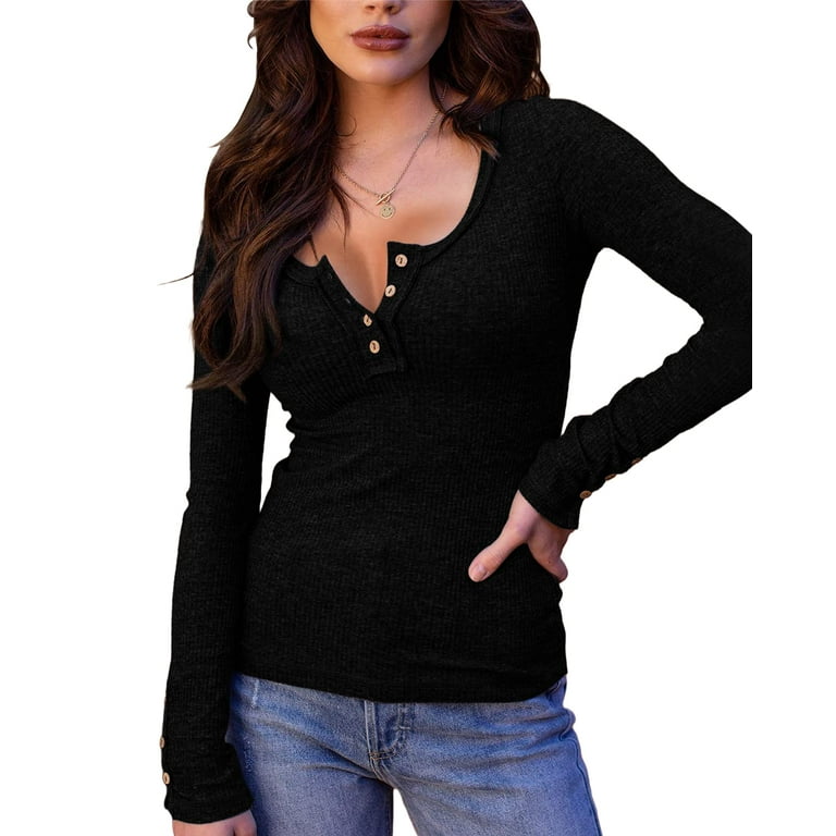 Sherrylily Women s Long Sleeve V Neck Ribbed Henley Shirts Button Down Casual Plain Tops Walmart