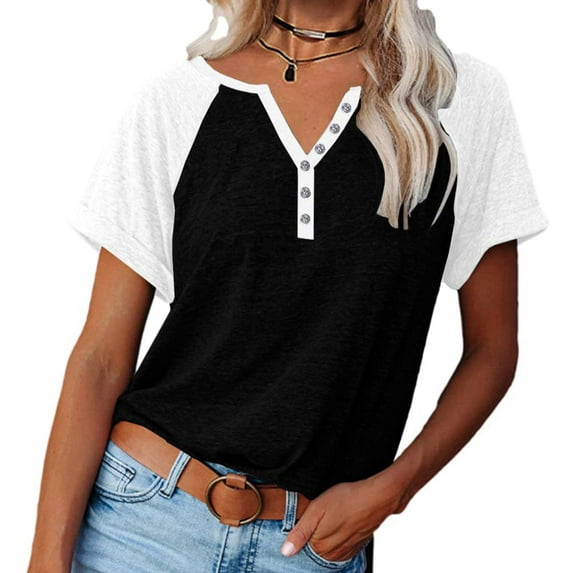 Sherrylily Women Henley V Neck Raglan Short Sleeve T Shirts Color Block Casual Tees Tops