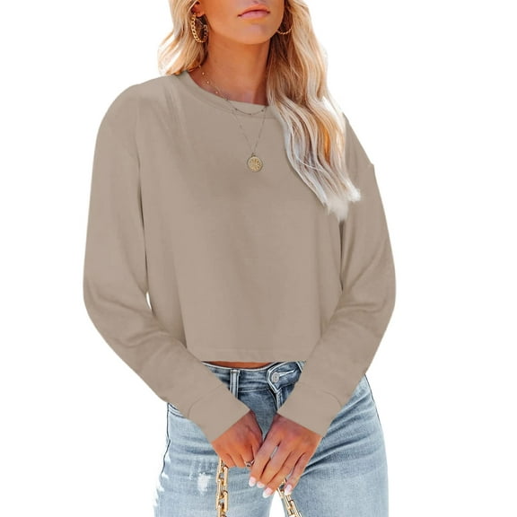 Sherrylily Women Long Sleeve Crop T-Shirts Casual Drop Shoulder Tops Fashion Tees S-2XL