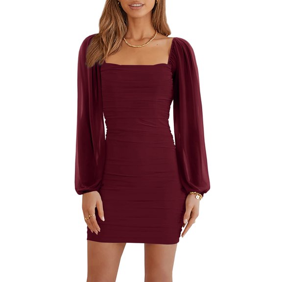 Sherrylily Women Long Sleeve Dresses Square Neck Mesh Bodycon Mini Dress
