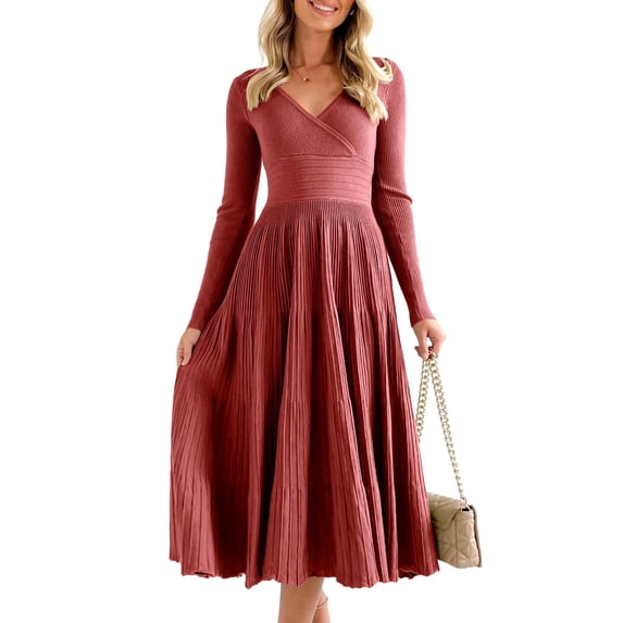 Sherrylily Women Long Sleeve Knit Midi Dress Fall V Neck Pleated A Line Flare Dresses