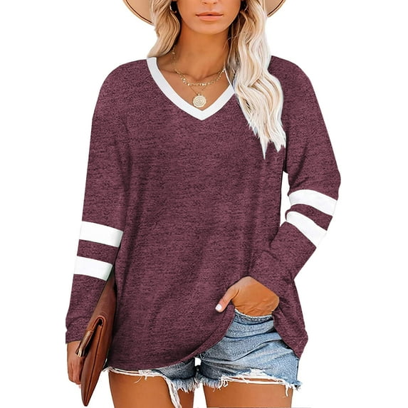 Sherrylily Women Plus Size Tops Striped Long Sleeve V Neck T Shirts Color Block Casual Tunics Tee XL-7XL