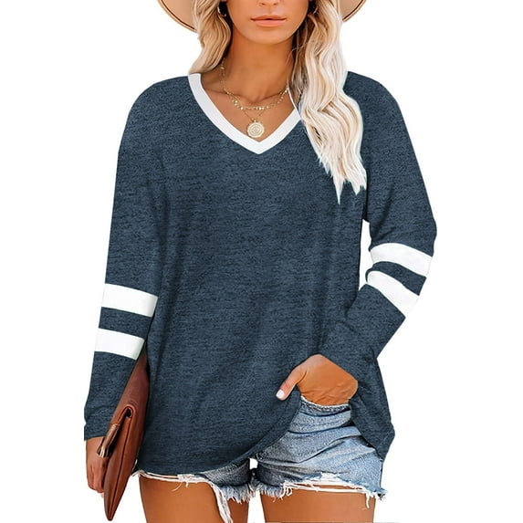 Sherrylily Women Plus Size Tops Striped Long Sleeve V Neck T Shirts Color Block Casual Tunics Tee XL-7XL