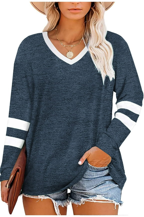 Women Plus Size Tops Striped Long Sleeve V Neck T Shirts Color Block Casual Tunics Tee XL-7XL