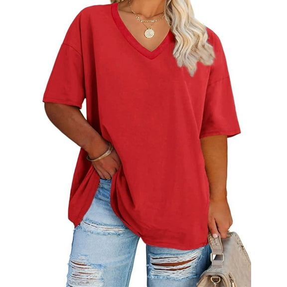 Sherrylily Women Plus Size V Neck T Shirts Half Sleeve Tees Loose Fit Tunic Casual Tops XL-5XL