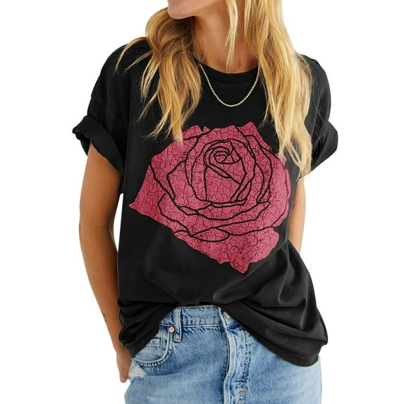 Sherrylily Women Rose Graphic Tee T Shirt Loose Fit Short Sleeve Casual Tops