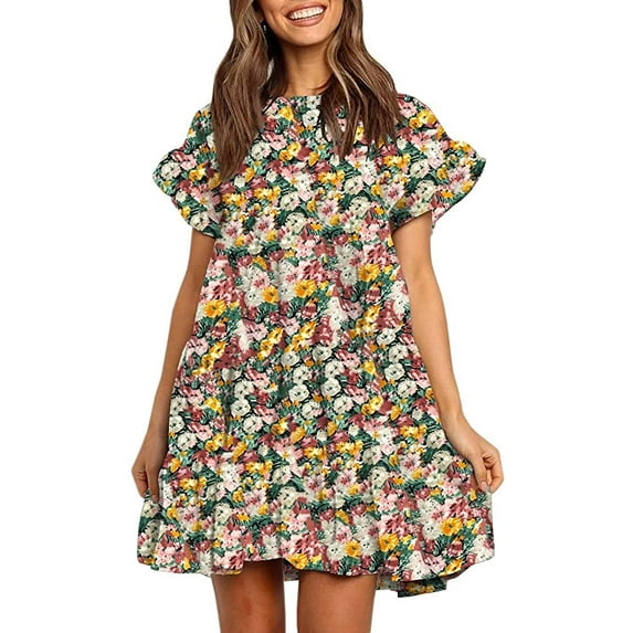Sherrylily Women Ruffles Boho Floral Printed Swing Casual Short Mini T-Shirt Dress