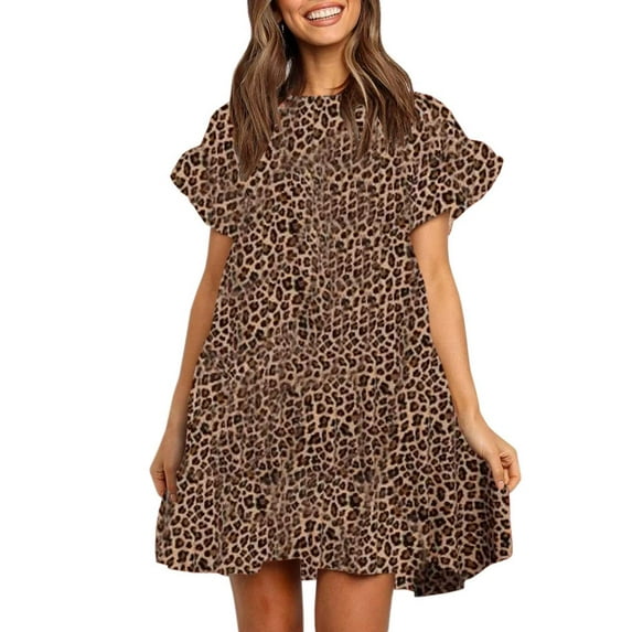 Sherrylily Women Ruffles Boho Floral Printed Swing Casual Short Mini T-Shirt Dress