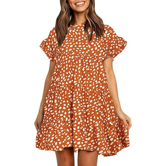 Sherrylily Women Ruffles Boho Floral Printed Swing Casual Short Mini T-Shirt Dress