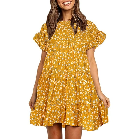 Sherrylily Women Ruffles Boho Floral Printed Swing Casual Short Mini T-Shirt Dress