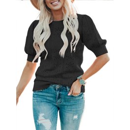 Sherrylily Women Short Puff Sleeve Sweaters Loose Lightweight Pointelle  Knit Pullover Tops 