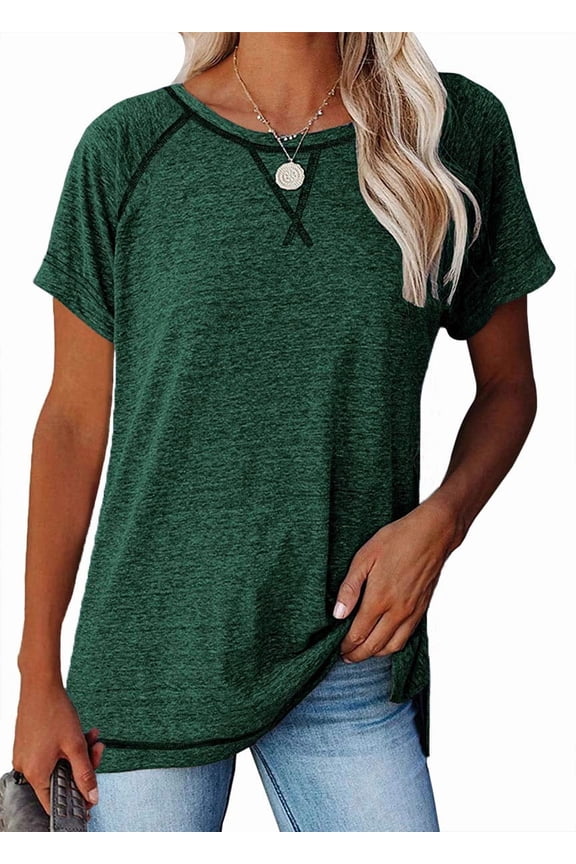 Women Short Sleeve Crewneck T Shirts Side Split Tees Casual Loose Fit Tops S-2XL