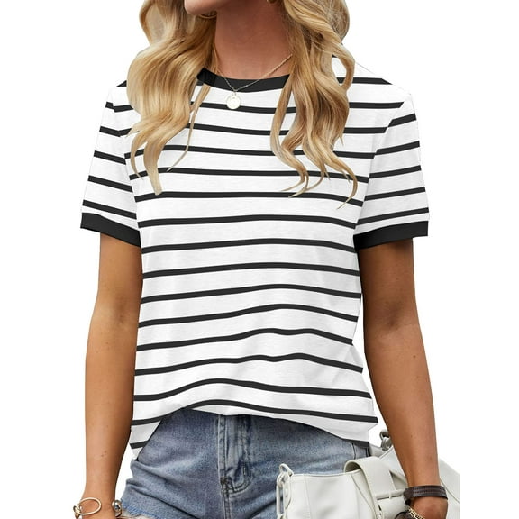Sherrylily Women Summer Casual Short Sleeve T Shirts Crew Neck Tee Striped Tops