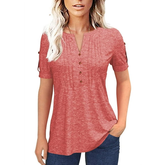 Sherrylily Women Summer Pleated Button Short Sleeve T-Shirt V-Neck Casual Tops