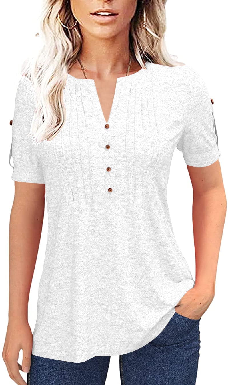 Sherrylily Women Summer Pleated Button Short Sleeve T-Shirt V-Neck ...