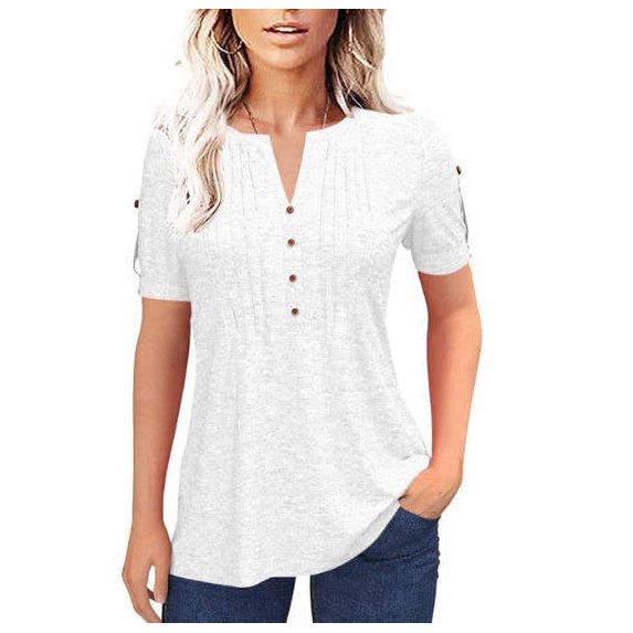 Sherrylily Women Summer Pleated Button Short Sleeve T-Shirt V-Neck Casual Tops