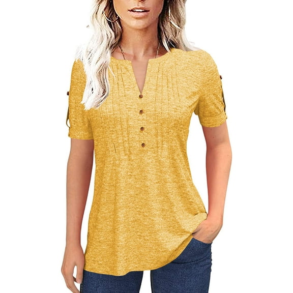 Sherrylily Women Summer Pleated Button Short Sleeve T-Shirt V-Neck Casual Tops