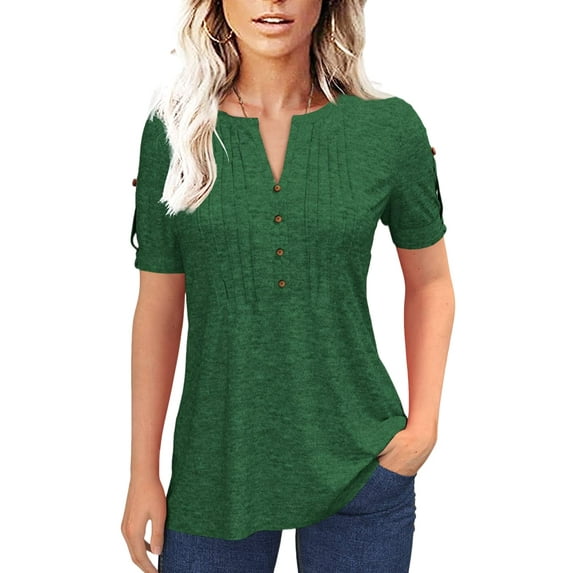 Sherrylily Women Summer Pleated Button Short Sleeve T-Shirt V-Neck Casual Tops