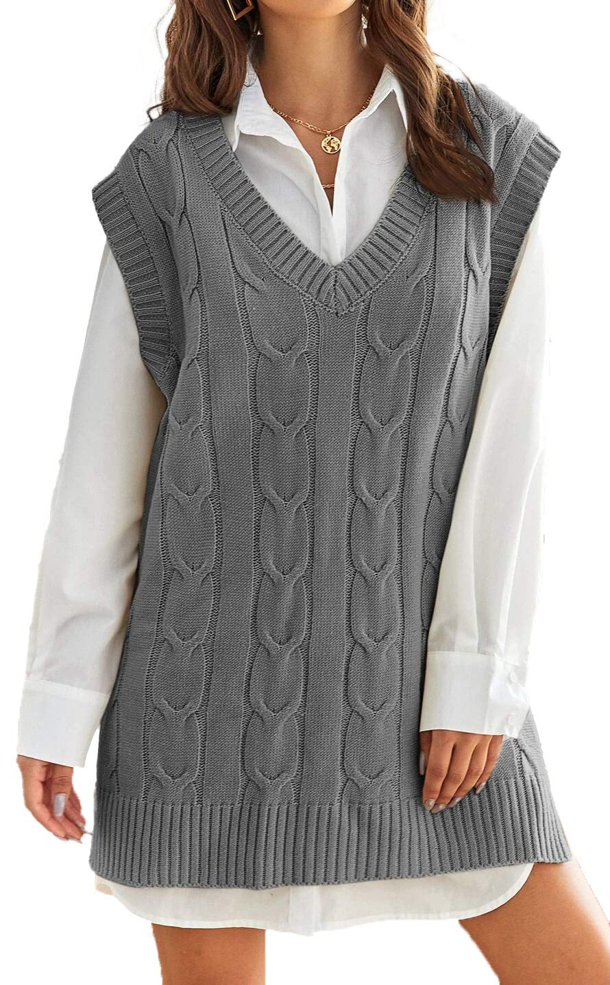 Sherrylily Women Sweater Vest Oversized Cable Knit Pullover V Neck  Sleeveless Jumpers