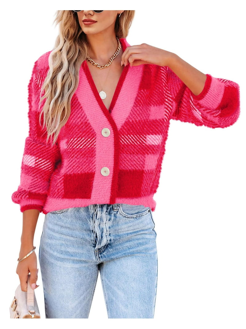 Sherrylily Women Sweaters Plaid Fuzzy Knit Button Down Long Sleeve