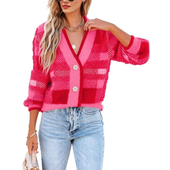 Sherrylily Women Sweaters Plaid Fuzzy Knit Button Down Long Sleeve Cardigans Pullover