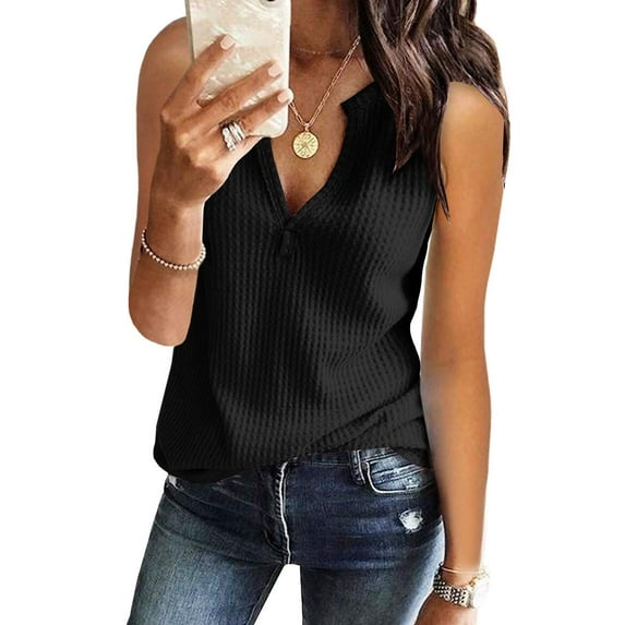 Sherrylily Women Tank Tops V Neck Waffle Knit Summer Sleeveless Loose Tee Shirts