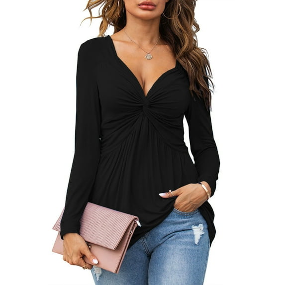 Sherrylily Women V-Neck Front Knotted Blouse Shirt Long Sleeve Elegant Casual T-Shirt Pullover Tops