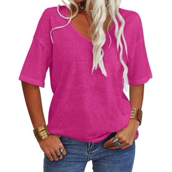 Sherrylily Women V-Neck Half Sleeves Oversized T Shirt Casual Loose Basic Tops