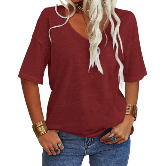 Sherrylily Women V-Neck Half Sleeves Oversized T Shirt Casual Loose Basic Tops