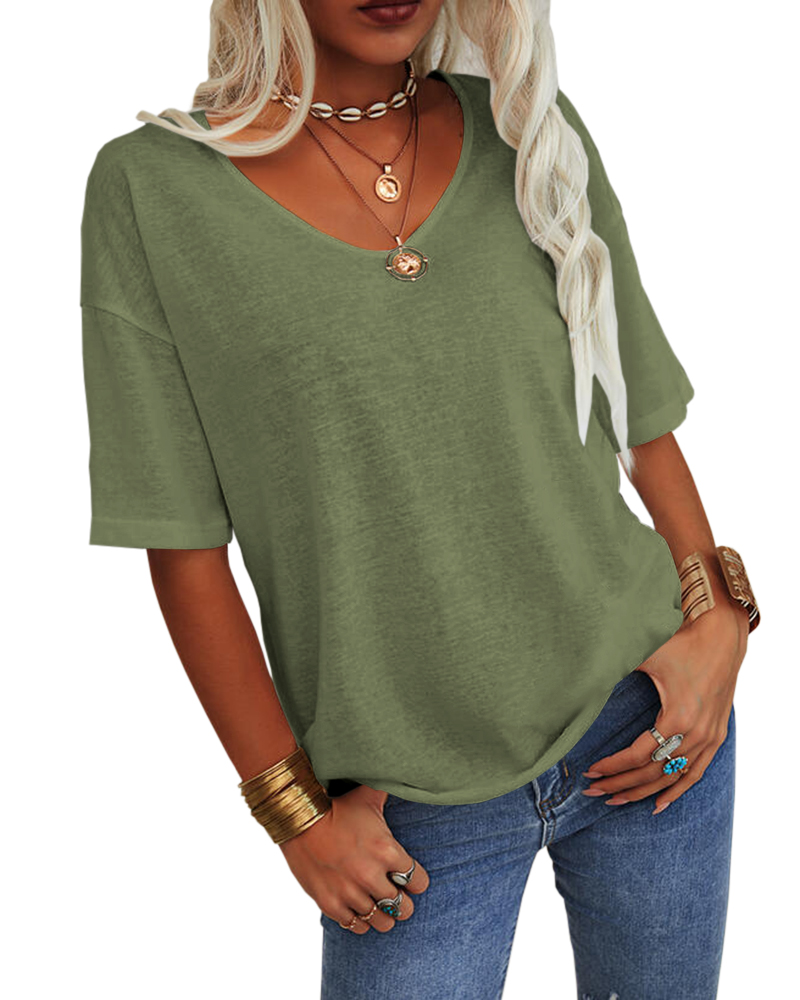 Sherrylily Women V-Neck Half Sleeves Oversized T Shirt Casual Loose ...