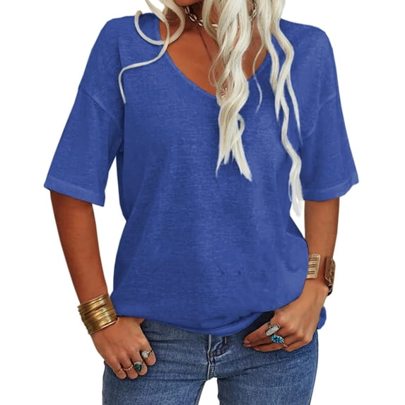 Sherrylily Women V-Neck Half Sleeves Oversized T Shirt Casual Loose Basic Tops
