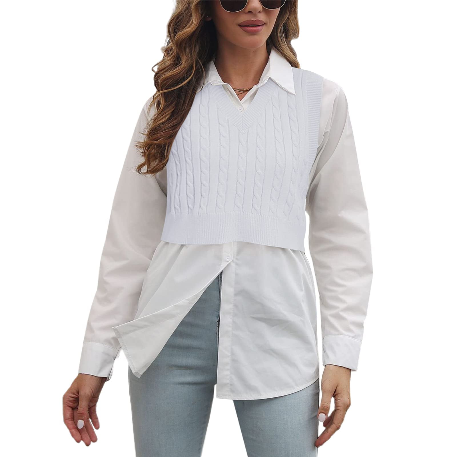 white shirt and knitted vest