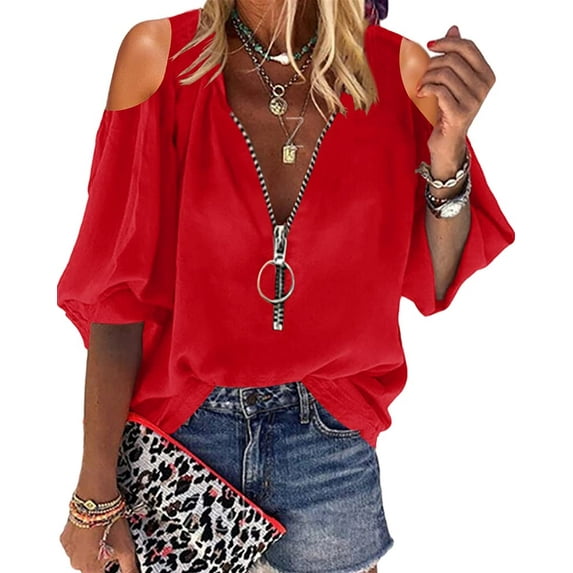 Sherrylily Women V-Neck Lantern Sleeve Blouse Zipper Loose Casual Top Fashion Shirts