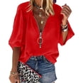 thumbnail image 1 of Sherrylily Women V-Neck Lantern Sleeve Shirts Zipper Design Loose Casual Top, 1 of 4