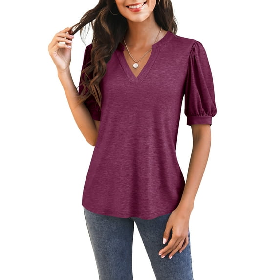 Sherrylily Women V Neck T Shirts Casual Puff Sleeve Loose Summer Tops