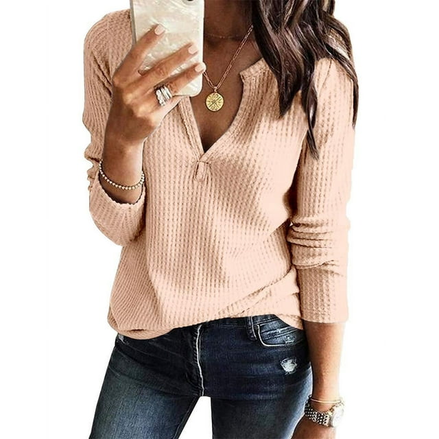 Sherrylily Women Waffle Knit Henley Tops Casual Long Sleeve V Neck Pullover XSXL