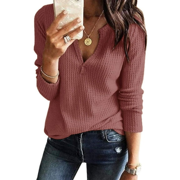 Sherrylily Women Waffle Knit Henley Tops Casual Long Sleeve V Neck Pullover XS-XL