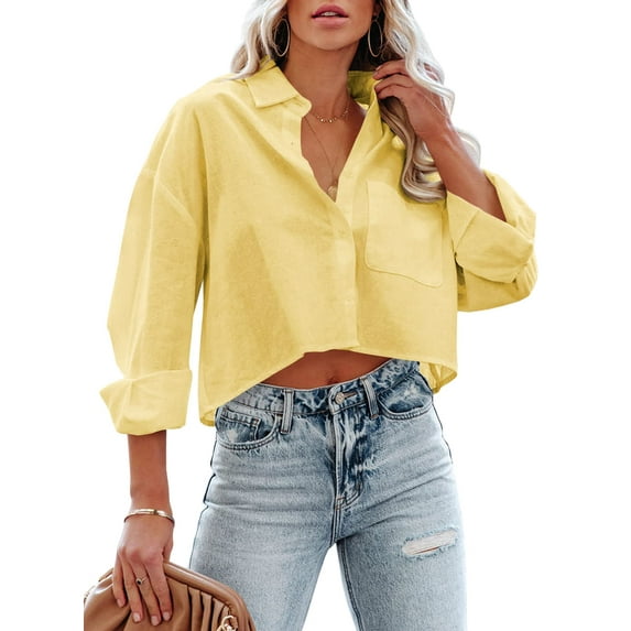 Sherrylily Womens Button Down Cropped Crop Tops Lapel Shirt with Chest Pocket