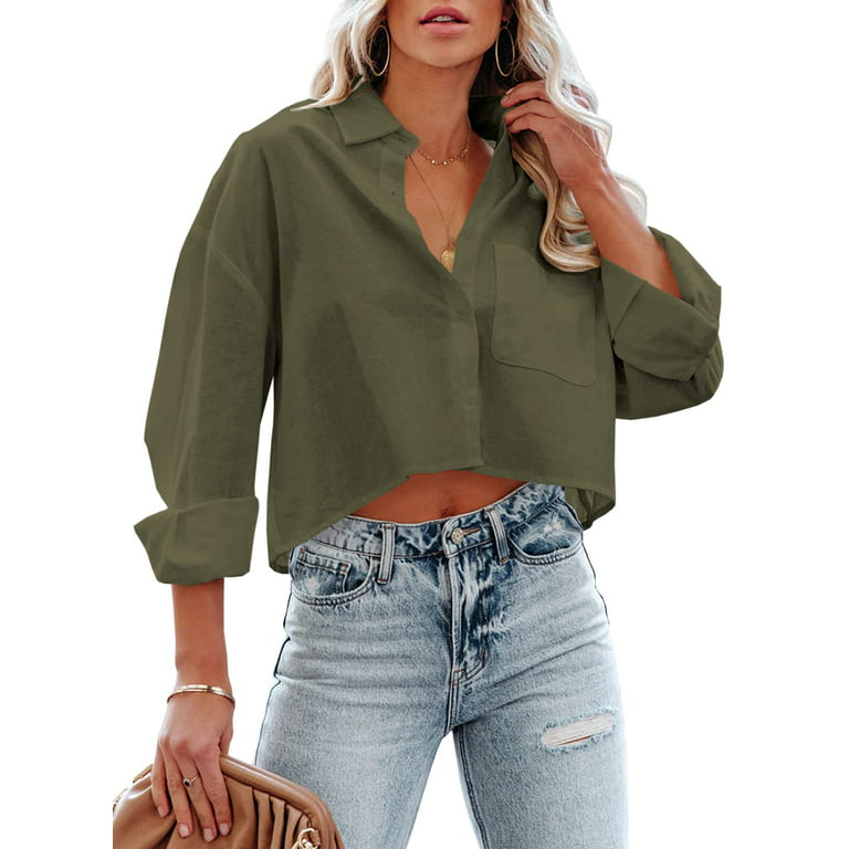Sherrylily Womens Button Down Cropped Crop Tops Lapel Shirt with Chest  Pocket