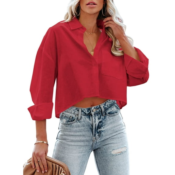 Sherrylily Womens Button Down Cropped Crop Tops Lapel Shirt with Chest Pocket